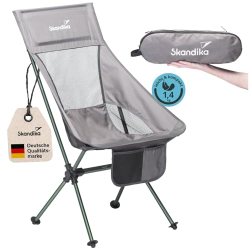 Skandika Campingstuhl Compact bis 150 kg belastbar | Camping Stuhl, Anglerstuhl, klein, faltbar, kleines Packmaß, klappbar, stabil, leicht, bequem gepolstert | Faltstuhl, Klappstuhl (grau/grün)