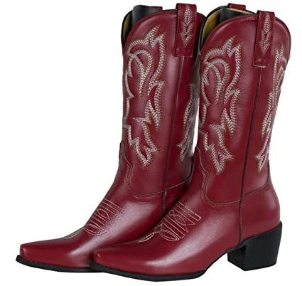 Botas de Mujer, Botas de Vaquero Bordadas Occidentales con Punta Puntiaguda, Botas Retro, Tacones Cuadrados, Botas de Tubo Medio sin Cordones de Talla Grande 45
