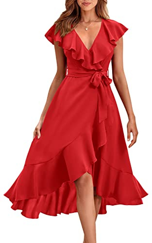 PRETTYGARDEN Robe d'été mi-longue pour femme avec col en V profond, manches courtes et ourlet à volants, style décontracté et bohème, pour la plage, Rouge, Taille S