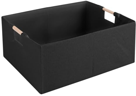 Fabric Storage Box, 13x9in Foldable Cotton Linen Basket with Wooden Handle