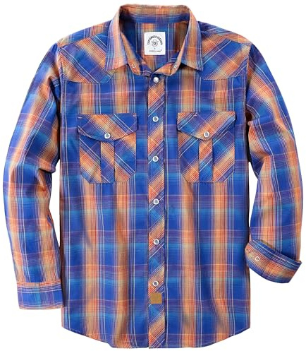 Dubinik® Camicia Uomo Quadri Bottoni Vintage Casual con Bottoni Automatici Western Cowboy Regular Fit Arancione e Blu Reale 4XL