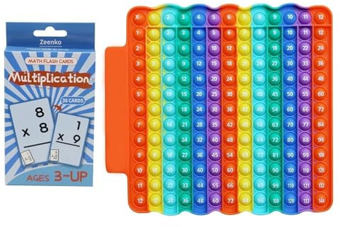 Multiplication Pop it 12x12, Times Table Toys with Math Flash Cards, Rainbow Poppet Fidget Chart Board, Learning Toy Stress Relief Fidgets for School Kid rainbowmathcard