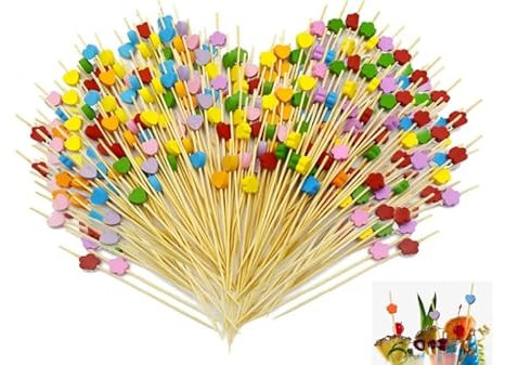 LXBCTOP 200 PCS Cocktail Sticks, Plum Blossom Heart Cocktail Sticks, Toothpick Party Picks, 12cm Wooden Cocktail Skewers, Finger Food Party Picker, Snack Skewers, for Barbecue, Fruit Skewer