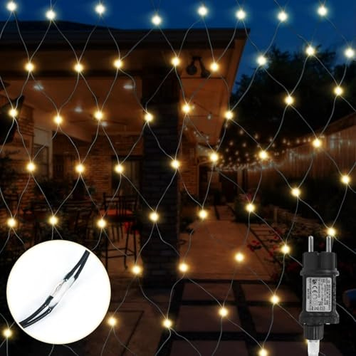 Gresonic 3 x 3 m - Filet lumineux à 270 LED - Blanc chaud - Décoration intérieure et extérieure - Pour Noël, mariage (blanc chaud, 8 modes, câble vert, 270 LED)