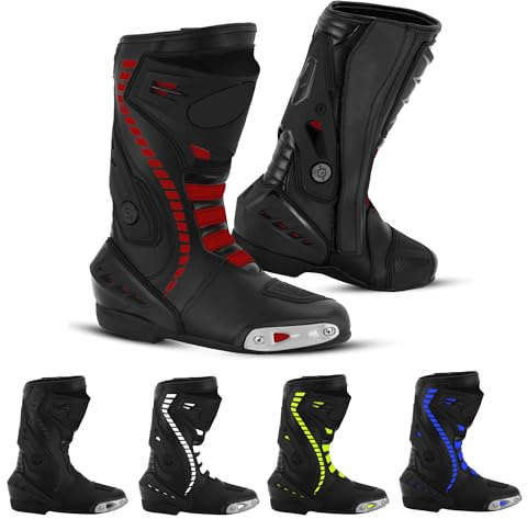 Vaster Moto Chaussures de Moto pour Homme Cheville Moto Imperméable Cuir Bottes de Course Semelle Antidérapante, rouge, 42 EU