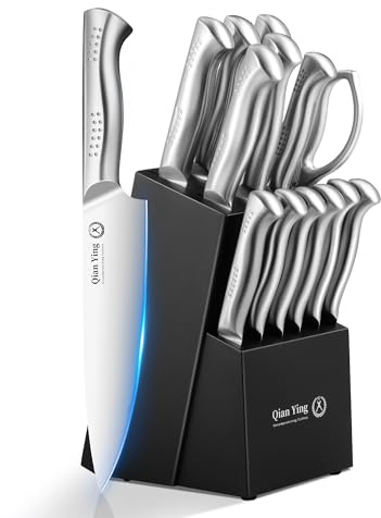Set di 14 Coltelli con Ceppo in Acciaio Inox con Affilacoltelli, Coltello da Chef Argentato Affilato, Regalo per la Mamma