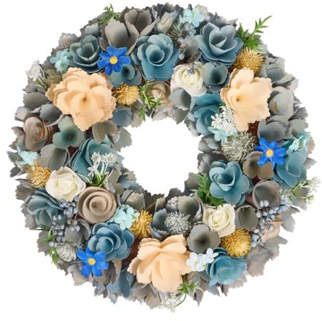 Door Wreath Natural Wooden Garland Ornament Floral Evergreen Wreaths for Front Door Winter Decoration Garden Ornaments Outdoor 35cm (Blue & Yellow)