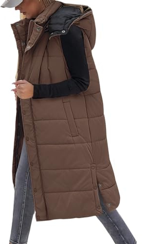 Vancavoo Chaleco Largo Mujer Invierno Chaleco Acolchado con Capucha Abrigo sin Mangas y Cremallera Abrigo de Cálidos on Bolsillos,Café,XL