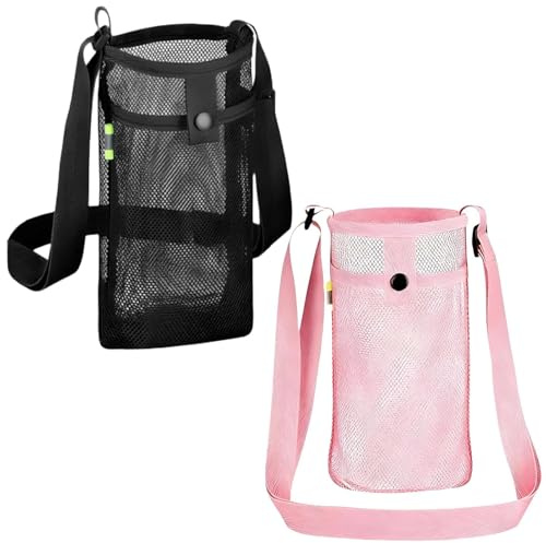 Sac de Bouteille d'eau en Filet, 2 Sacs à Porte Gourde, Couvercle de Bouteille D'eau avec Bandoulière Réglable, Porte Gourde Randonnée, pour Camping, Alpinisme, Randonnée, Tourisme (Schwarz, Rose)