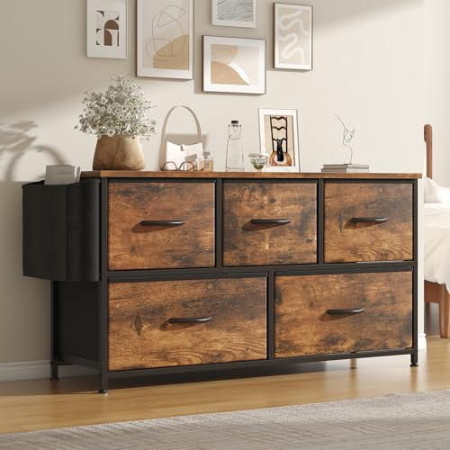 Feonase Fabric 5 Drawer Storage Cabinet with Side Pocket – Wide Dresser Chest for Bedroom, Hallway, Nursery & Closet, Metal Frame & Wood Top, Lightweight Storage Unit Rustic Brown