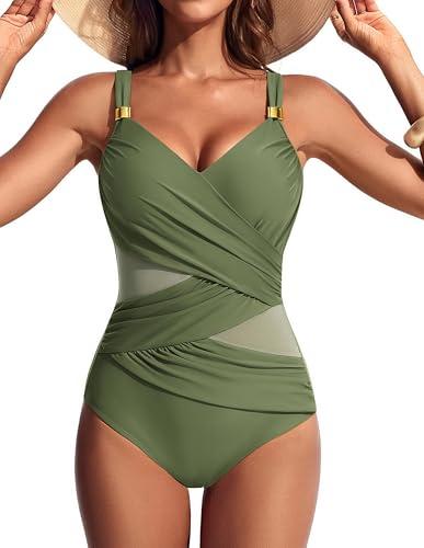 Hanna Nikole Women's One-Piece Swimsuits，Full Coverage Tummy Control Swimsuits with Removable Padding and Adjustable Straps Summer Vacation Olive Green XL