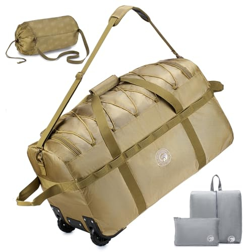 YOODI 100L XXL Grande Borsone da Viaggio Pieghevole con Ruote con Borsa da Toilette e Sacca per Scarpe 70x35x40cm Impermeabile Oxford Borsa Sportiva da Viaggio con Manici e Tracolla Uomo e Donna, Kaki