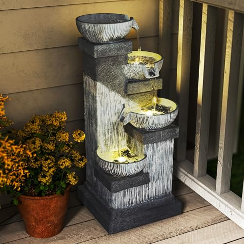 Outsunny Fontaine de Jardin Cascade Fontaine d'eau extérieure 4 Niveaux avec lumières LED, Pompe à Eau, en résine, 38 x 36 x 85 cm, Gris