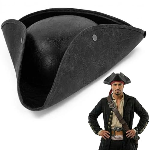 Vervora Pirate Tricorn Hat Adult Vintage Distressed Pirate Captain Hat Colonial Tricorn Pirate Hat Fancy Dress Costume Accessory for Halloween Cosplay Party Stage Performance (Black Pirate Hat)