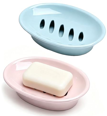 2PCS Soap Dish with Drainage, Plastic Soap Dishes with Quick Draining Feature, Ideal for Organised Family Bathrooms and Compact Spaces, Blue and Pink Colour Set
