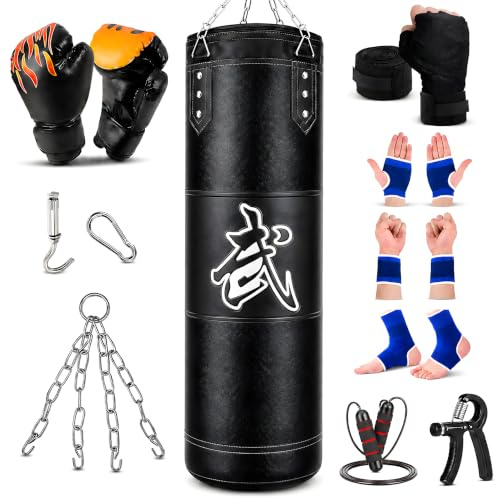 Saco de boxeo Set para Adultos, Adolescentes, Niños, 1.2m Oxford con gancho de techo, cadenas, guantes, Entrenador de agarre, cuerda para saltar -MMA, Karate, Kickboxing, Boxeo, Home-Gym(sin rellenar)