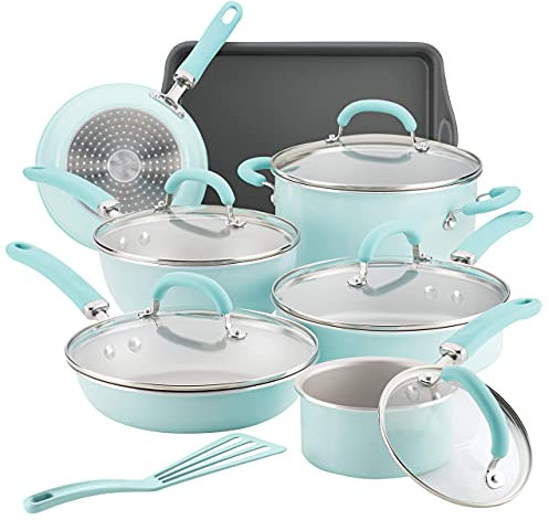 Rachael Ray 12146 Create Delicious Nonstick Cookware Pots and Pans Set, Aluminum, Light Blue Shimmer