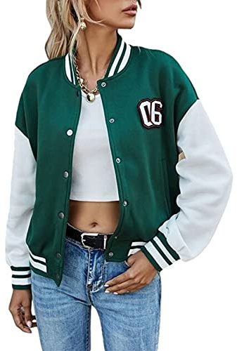 Loalirando Giacca Corta da Donna Primaverile College Giacca da Baseball Uniform Cappotto Monopetto Letter Ricamo Bomber per Ragazze S-L (Verde, S)