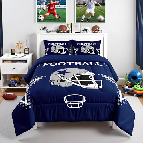 American Football Comforter Set Full Size Rugby Helmets Bedding Set 3pcs for Kids Boys Teens Men Bedroom Decor Ball Sports Gaming Quilted Duvet Modern Grey Stars Print Duvet Insert,Navy Blue