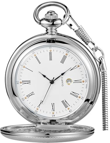 Tiong Unique Smooth Steel Quartz with Calendar Dial Vintage Pocket Watch with Chain Quartz Men's Pocket Watch(Silver)