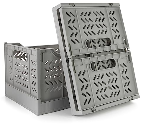 Volein 2 Pcs Collapsible Storage Boxes Stackable Plastic Storage Crates Large Foldable Baskets Collapsible Crates for Kitchen, Living Room, Bedroom(Grey)