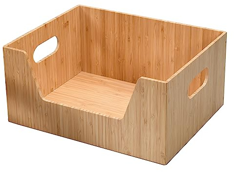 MobileVision Bamboo Storage Box with Open Front Stackable Bin Organizer to use in closets, bedrooms, kitchens, home & office, 14 x 11 x 6.5 inches