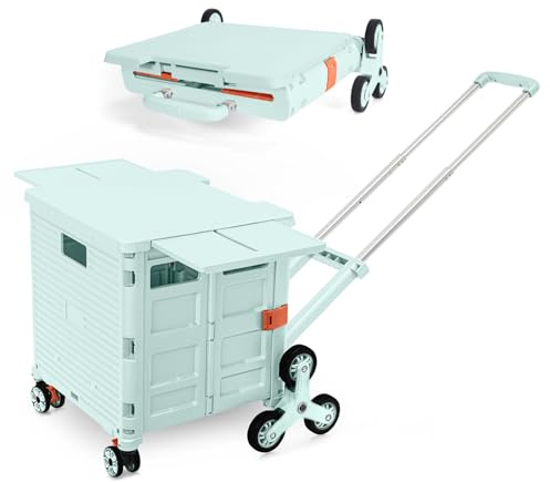 Foldable Utility Cart Portable Crate Rolling Dolly with Telescopic Handle,Can be Pulled diagonally, Magnetic Retractable Lid, 360°Swivel Climbing Wheels for Shopping Carrying Groceries Move Green