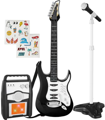 Best Choice Products Toy Kids Guitar Play Set Bundle, Pretend Play Toddler Electric Guitar Kit with Interactive Microphone, Amp, Whammy Bar, 6 Demo Songs and 2 Sticker Sheets - Black