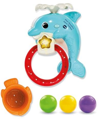 VTech - Mon Dauphin Aqua Basket, Jouet de Bain Bébé, Animal Interactif avec Panier de Basket, 3 Balles, 2 Ventouses de Fixation, Cadeau Enfant Garçon et Fille Dès 1 an - Contenu en Français