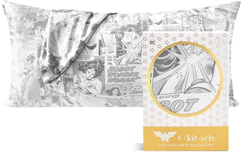 Wonder Woman x Kitsch Satin Pillowcase for Hair, Softer Than Mulberry Silk Pillow Cases with Zipper, Smooth Cooling Pillow Covers 19x26 in, Satin Pillow Cases Standard Size Set of 1 Pack (Comic Print)