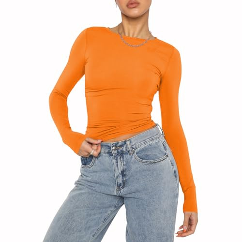Mujeres Casual Crop Tops Slim Fit Top Cuello Redondo Manga Larga T-Shirt Basic Blusa tee Tops(Orange-9,S)