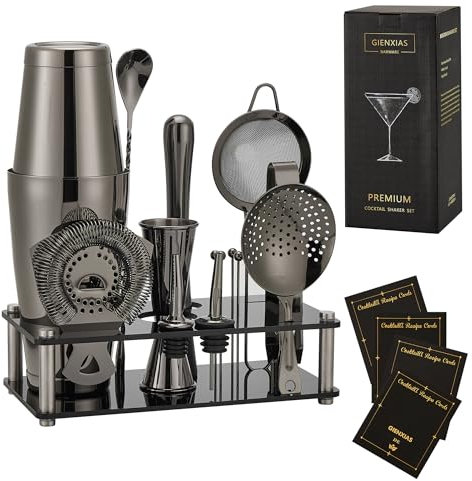 Set Boston Shaker 16 pezzi – Set da Cocktail in Acciaio Inox con Shaker, Colino, Pinza per Ghiaccio, Cucchiaio da Bar, Misurino, Pestello, 4 Picks per Cocktail e 2 Dosatori Liquori (Nero)