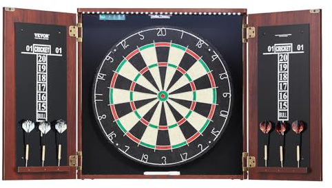 VEVOR Dart Board Cabinet Set, Ready-to-Play Bundle Official Size Dartboard Cabinet, Steel Tip Dart Hideaway Cabinet, Features LED Light, Easy Assembly, Complete with All Accessory, for Cricket Game