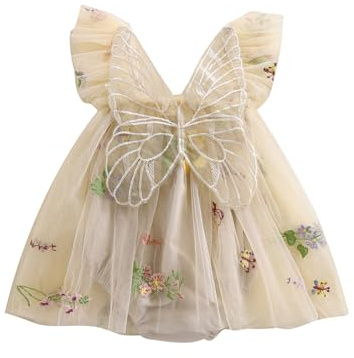 Geagodelia Infant Baby Girl Romper Dress Newborn Baby Girls' Bodysuits Sleeveless Flower 3D Butterfly Embroidery Jumpsuit Princess Dress A-Line Baptism Wedding Birthday Dress (Khaki, 6-9 Months)