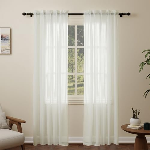 Pacok Beige Voile Curtains, 84 Drop 2 Panels Net Curtain for Windows, Rod Pocket Sheer Curtain Panel Voile Curtains for Living Room Kitcken Bedroom W56xL84 Inch(Beige, 142 x 213cm)
