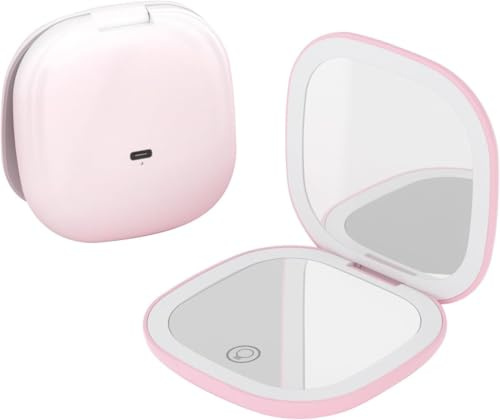 QUMOX Specchio Trucco 5X con Luce – Specchio da Viaggio Ricaricabile con LED, 3 Modalità di Luce, Touch Dimmerabile, USB-C – Rosa