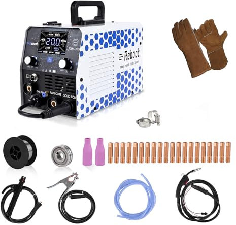 Máquina de Soldar MIG 200A - 5 en 1 Multiproceso (MIG Gas/Gasless/Lift TIG/ARC/Punto) Inversor 230V con LED Grande, Ideal para Principiantes y Profesionales,RBM2000 PRO