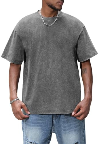 AIYINO Men's Clothing Vintage Washed Tshirt Short Sleeve Womens Tie Dye T Shirt Casual Retro Cotton Tees Tops Distressed Unisex Ladies T-Shirts Loose T Shirts for Men UK Light Grey 3XL