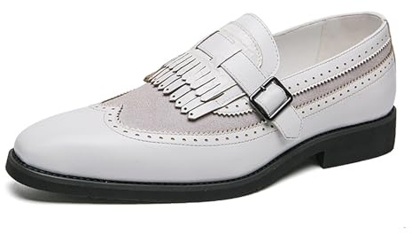 Herren-Loafer aus echtem Leder mit Monkstrap, Brogue-Design mit Flügelkappe und Quastendetail, for Hineinschlüpfen, Business- und Freizeitschuhe(White,45 EU)