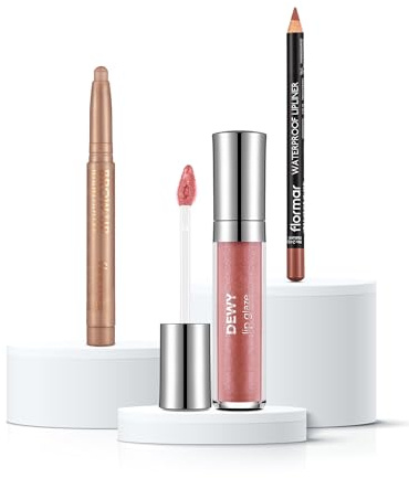 Flormar Iconic Selection Make-up Set – 3-tlg. Kit – Waterproof Lipliner (Natural), Dewy Lip Glaze (Shine Today) & Brow Up Highlighter (Champagne) – Für Natural Glow & Definierte Lippen