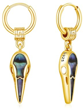 REDSUN Orecchini da uomo in argento sterling 925, oro 18 carati, con teschio di corvo, orecchini a cerchio per uomo e donna, gioielli gotici, gioielli vichinghi, regalo ipoallergenico per donne e