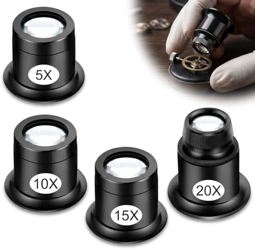 Lethra Jewellers Loupe Magnifier 4PCS, 5X 10X 15X 20X Portable Eye Monocle Jewelers Magnifying for Jewellers Glass Watchmakers, Jewellery/Gemstones/Watches/coins/Experimental Repair Tool (Black)