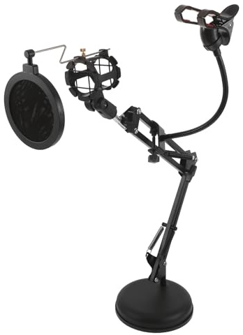 GLSTOY Justerbar Mikrofonarm med Stötabsorberande Bas Bordsmikrofonstativ med Telefonhållare och Popfilter för Liveinspelning Podcast Streaming och Studiobruk