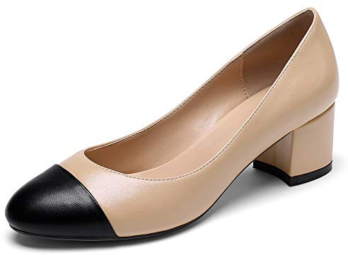 Elashe Escarpins Femme Cap Toe - 1.7 inches Talon Moyen Bloc Chaussures - Bout Fermé - Classique Bureau Noir-Beige EU40