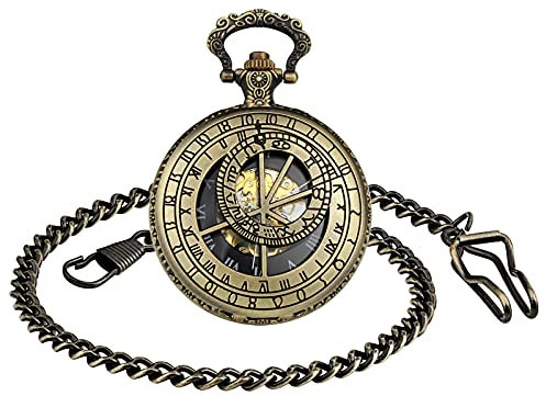SUPBRO Damen Herren Taschenuhr Analog Mechanische Kettenuhr Uhr Pocket Watch mit Kette Pullover Kette Meridian Bronze