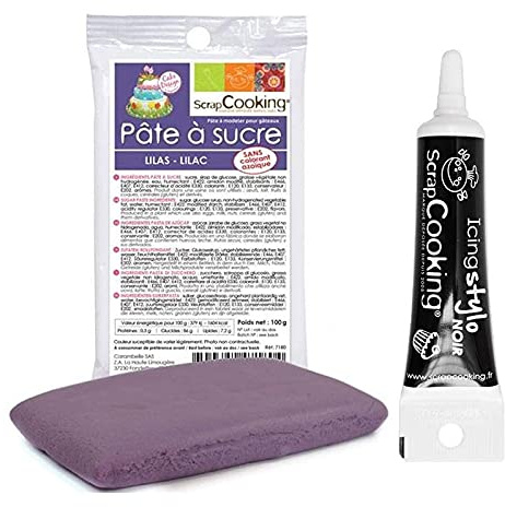 Pâte à sucre lilas 100 g + Stylo de glaçage noir