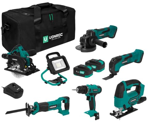 VONROC Pack Outils Sans Fil VPOWER 10V - Perceuse à Percussion, Scie Sauteuse, Outil Multifonction Oscillant, Meuleuse d'Angle, Scie Circulaire, Scie Sabre, 2 Batteries 4.0AH, Chargeur Inclus