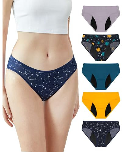 Neione Mujer Bragas Menstruales Braguita Bikini para Regla Período Postparto Flujo Moderado Ropa Interior Brasileña Pack de 5 Galaxy L