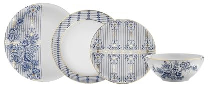 Kütahya Porselen 4 Personen 16-teiliges Tafelservice 9986 – Porzellan Geschirrset mit Blumen- und Linienmuster, Blau-Gold, Elegant für Esstisch