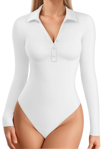MANGOPOP Henley Bodysuit for Women Button Down Long Sleeve Tops Body Suits Dressy Blouse Casual
